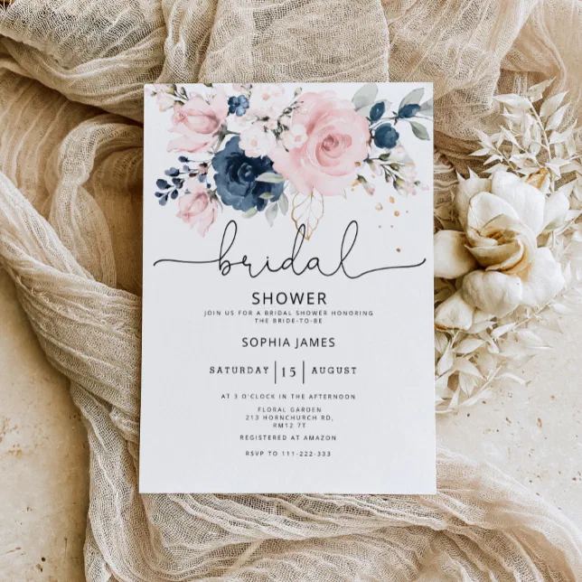 Navy Blush Floral Bridal Shower Invitation | Zazzle