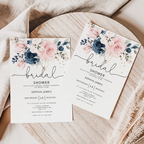 Navy blush floral bridal shower invitation