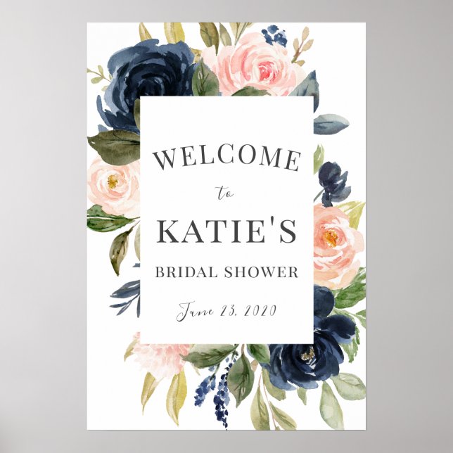 Navy & Blush Floral Bridal Shower Welcome Poster (Front)