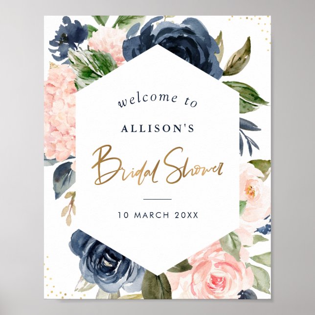 Navy & blush floral bridal shower welcome sign (Front)