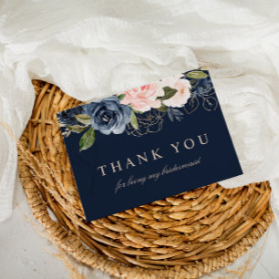 Navy blush floral bridesmaid thank you card