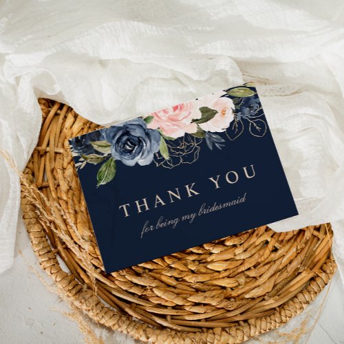 Navy blush floral bridesmaid thank you card