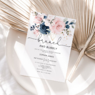 Navy blush floral brunch and bubbly bridal shower invitation