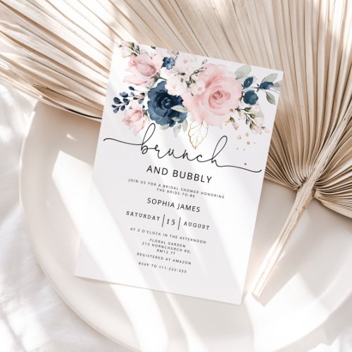 Navy blush floral brunch and bubbly bridal shower invitation