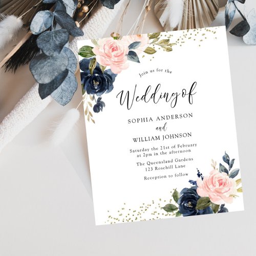 Navy  Blush Floral Budget Wedding Invitation