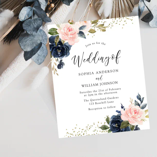 Navy & Blush Floral Budget Wedding Invitation | Zazzle