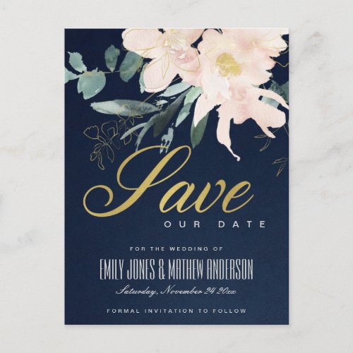 NAVY BLUSH FLORAL BUNCH WATERCOLOR SAVE THE DATE ANNOUNCEMENT POSTCARD
