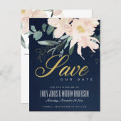 NAVY BLUSH FLORAL BUNCH WATERCOLOR SAVE THE DATE ANNOUNCEMENT POSTCARD (Front/Back)