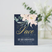 NAVY BLUSH FLORAL BUNCH WATERCOLOR SAVE THE DATE ANNOUNCEMENT POSTCARD (Standing Front)