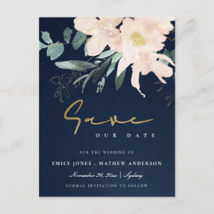 NAVY BLUSH FLORAL BUNCH WATERCOLOR SAVE THE DATE ANNOUNCEMENT POSTCARD
