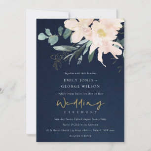 NAVY BLUSH FLORAL BUNCH WATERCOLOR WASH WEDDING INVITATION
