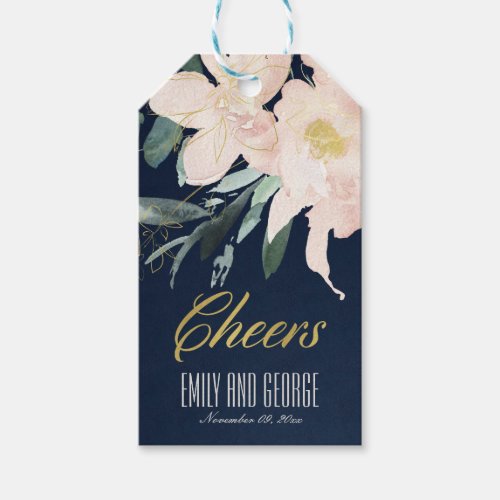 NAVY BLUSH FLORAL BUNCH WATERCOLOR WEDDING CHEERS GIFT TAGS