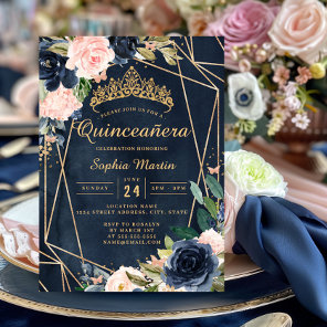 Navy Blush Floral Butterfly Geometric Quinceanera  Invitation