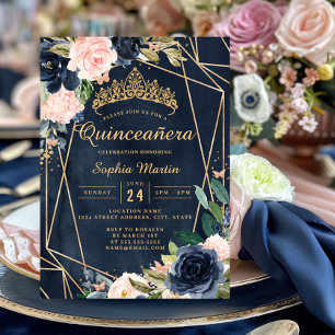 Navy Blush Floral Butterfly Geometric Quinceanera Invitation