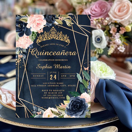 Navy Blush Floral Butterfly Geometric Quinceanera  Invitation