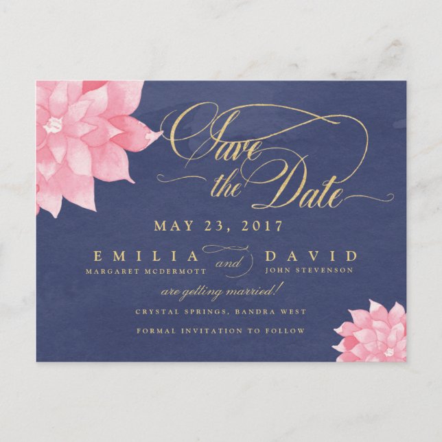 Navy Blush Floral Dahlia Save the Date Postcard (Front)