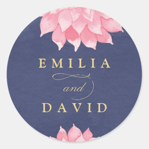 Navy Blush Floral Dahlia Wedding Round Sticker