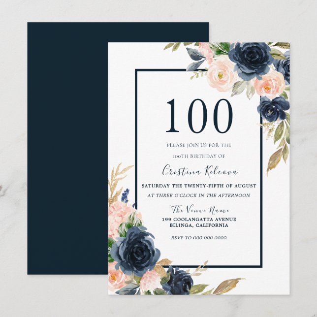 Navy & Blush Floral Elegant 100th Birthday Party Invitation (Front/Back)
