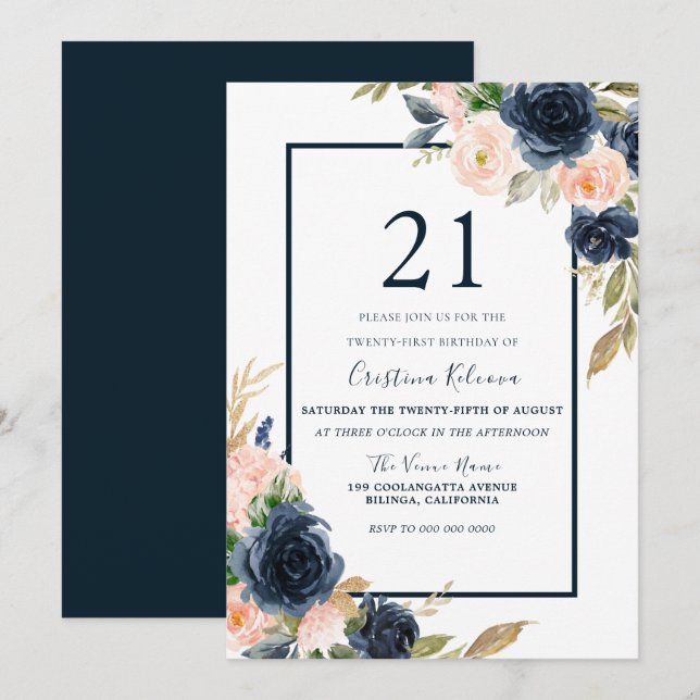 Navy & Blush Floral Elegant 21st Birthday Party Invitation (Front/Back)