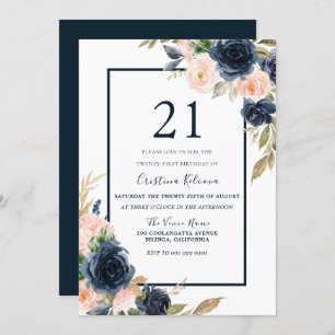 Navy & Blush Floral Elegant 21st Birthday Party Invitation