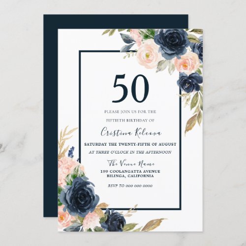 Navy  Blush Floral Elegant 50th Birthday Party Invitation