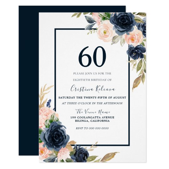 Navy & Blush Floral Elegant 60th Birthday Party Invitation | Zazzle.com