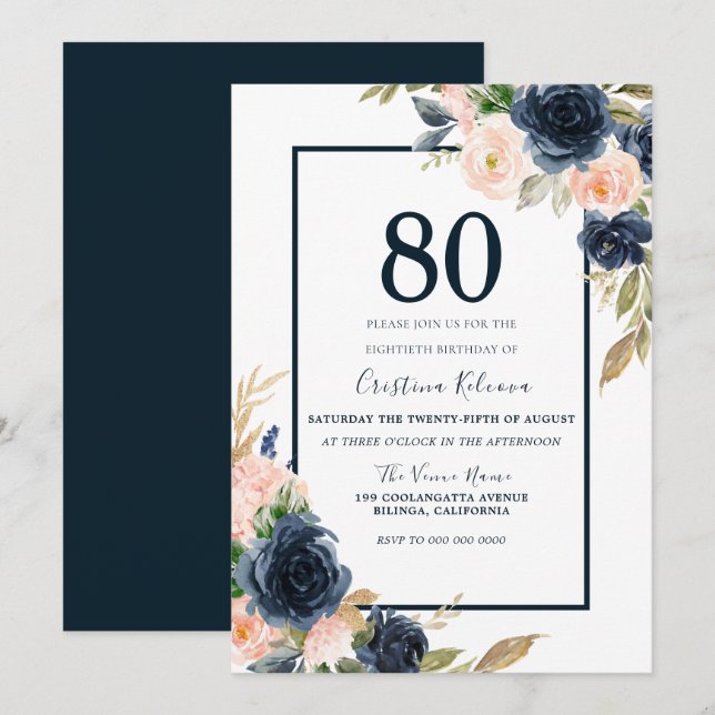 Navy & Blush Floral Elegant 80th Birthday Party Invitation (Front/Back)