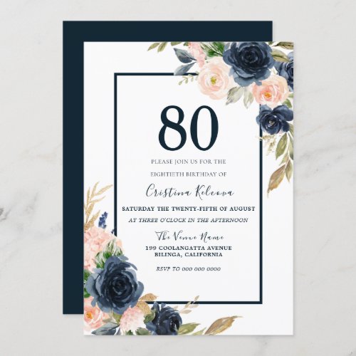 Navy  Blush Floral Elegant 80th Birthday Party Invitation