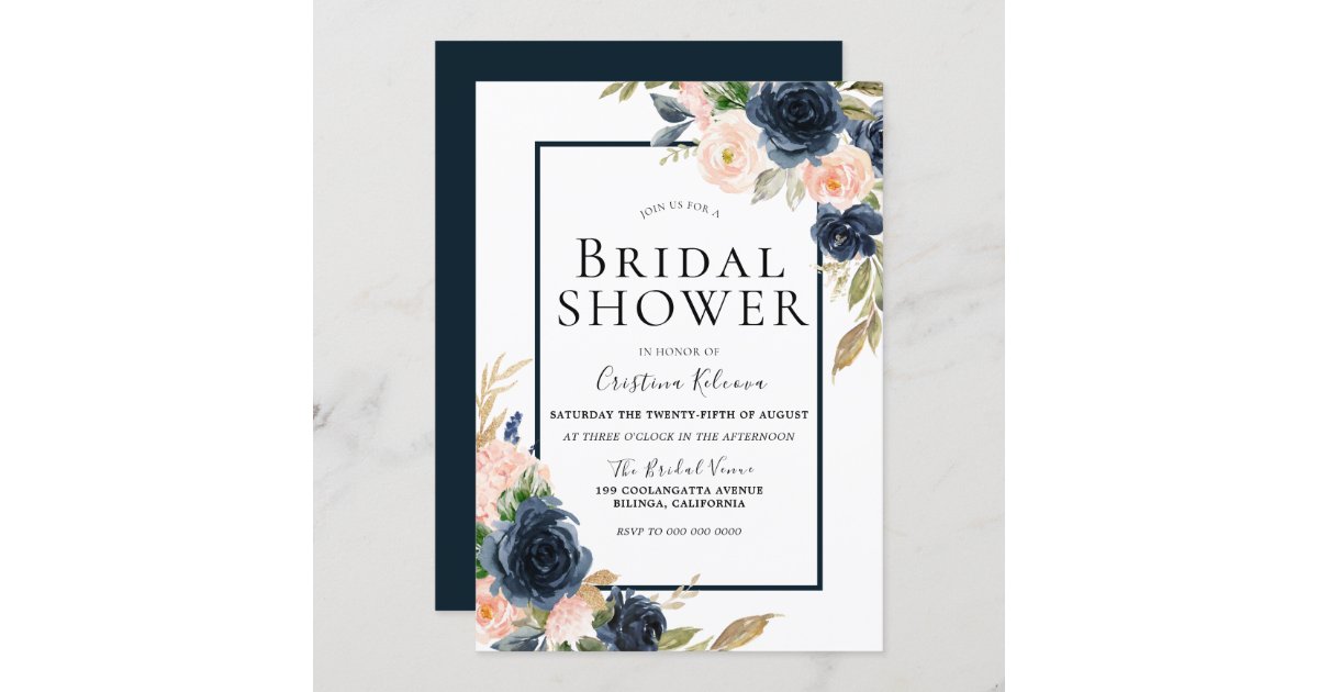 Navy & Blush Floral Elegant Bridal Shower Invitation | Zazzle