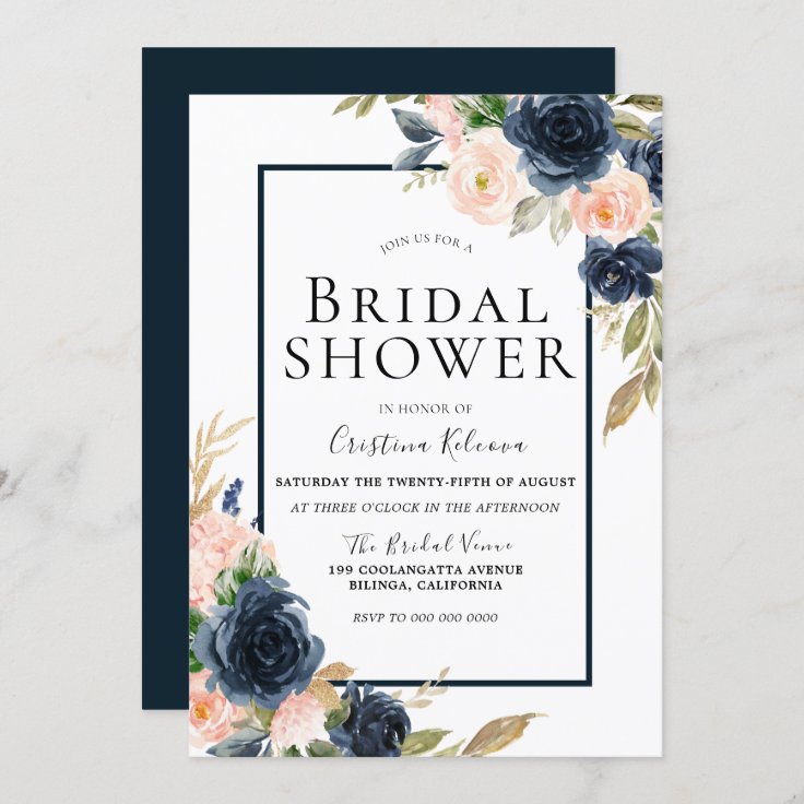 Navy & Blush Floral Elegant Bridal Shower Invitation | Zazzle