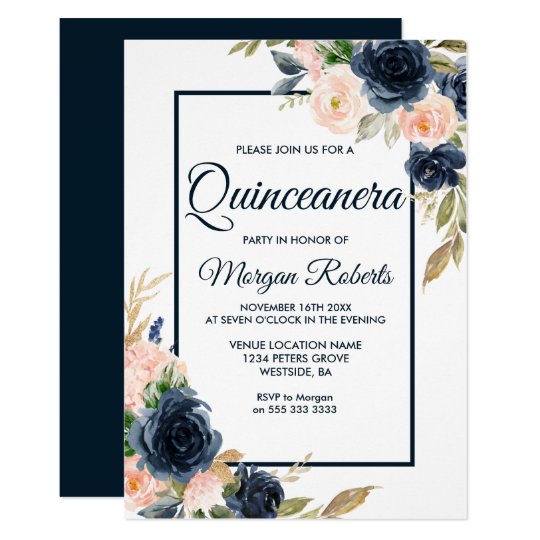 Navy & Blush Floral Elegant Quinceanera Party Invitation | Zazzle.com