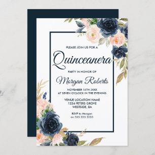 Navy & Blush Floral Elegant Quinceanera Party Invitation
