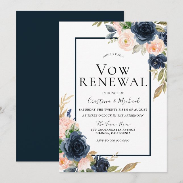 Navy & Blush Floral Elegant Vow Renewal Invitation (Front/Back)