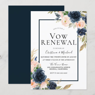 Navy & Blush Floral Elegant Vow Renewal Invitation