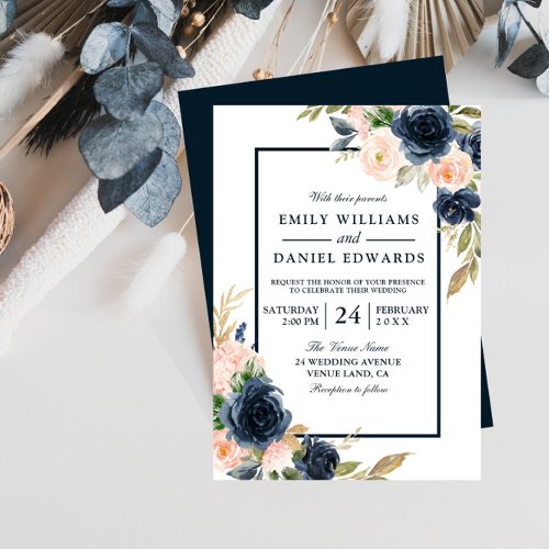 Navy  Blush Floral Elegant Wedding Invitation