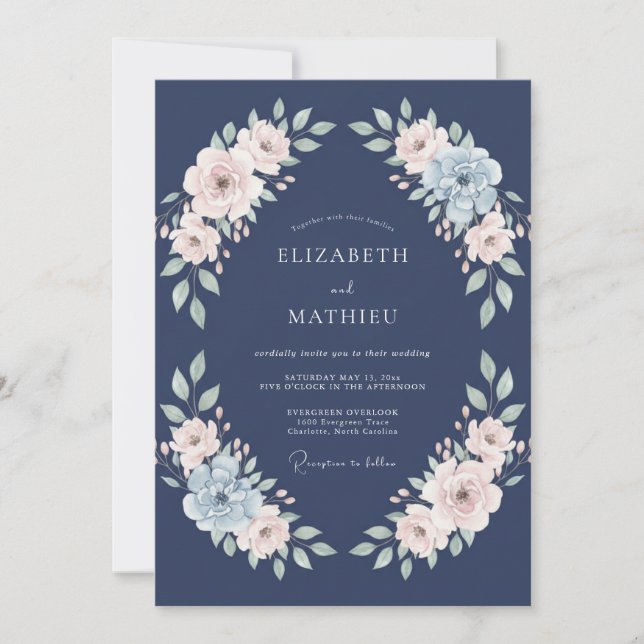 Navy Blush Floral Embrace Wedding Invitation (Front)