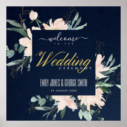 NAVY BLUSH FLORAL FRAME WATERCOLOR WEDDING WELCOME POSTER