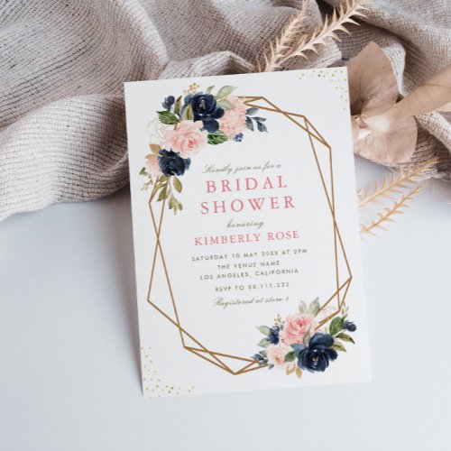 Navy  blush floral geometric bridal shower invitation