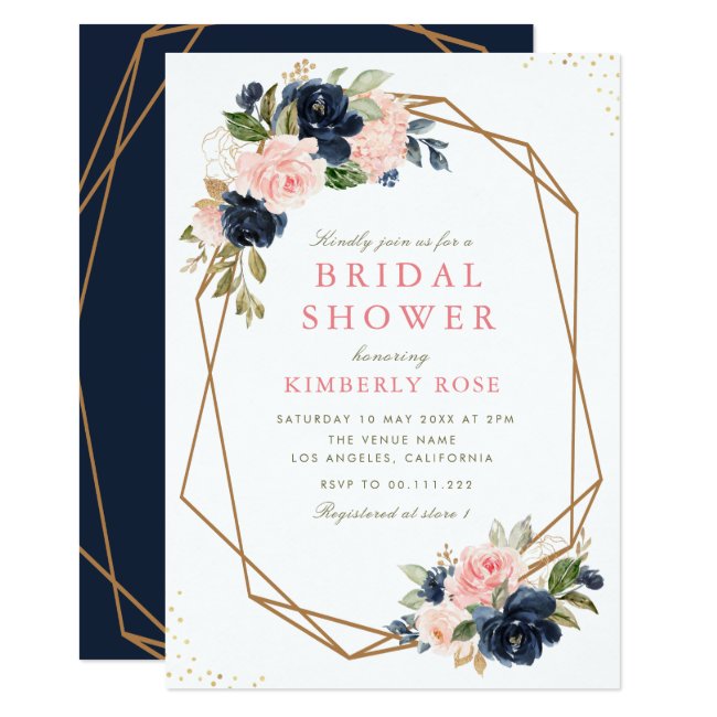 Navy & blush floral geometric bridal shower invitation