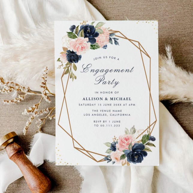 Navy & blush floral geometric engagement party invitation (Creator Uploaded)