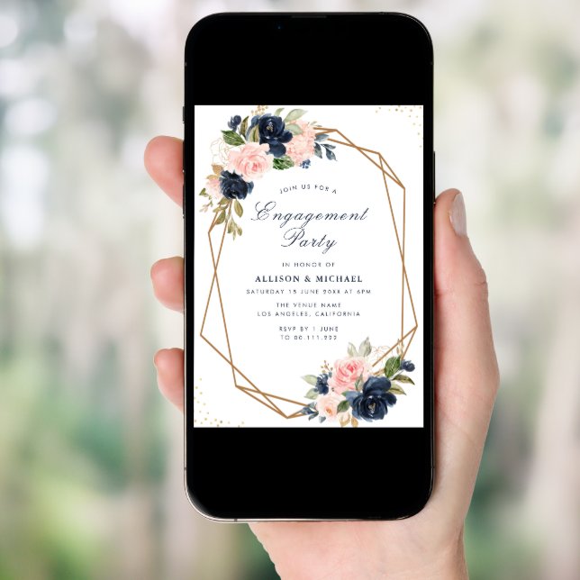 Navy & blush floral geometric engagement party invitation (Front Digital)