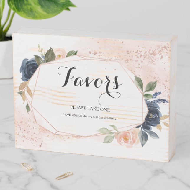 Navy Blush Floral Geometric Favor Please Take One Wooden Box Sign (In Situ Horizontal)