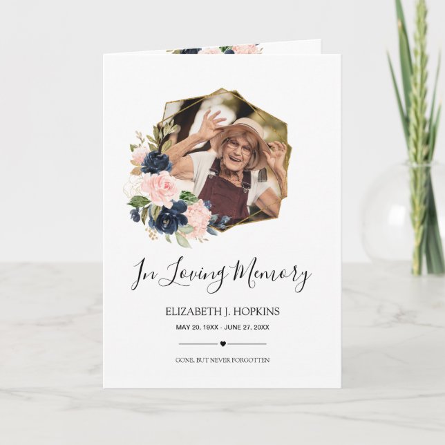 Navy Blush Floral Geometric Frame 2 Photo Funeral Program (Front)