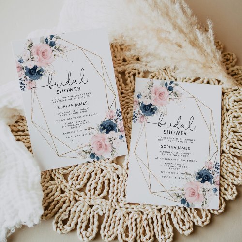 Navy blush floral geometric frame bridal shower invitation