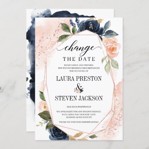 Navy Blush Floral Geometric Frame Change the Date Invitation