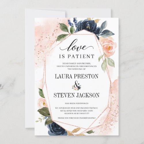 Navy Blush Floral Geometric Frame Love is Patient Invitation