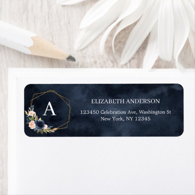 Navy Blush Floral Geometric Frame Monogram Names Label (Insitu)
