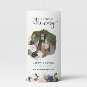 Navy Blush Floral Geometric Frame Photo Memorial Pillar Candle
