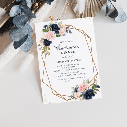 Navy  blush floral geometric graduation dinner invitation
