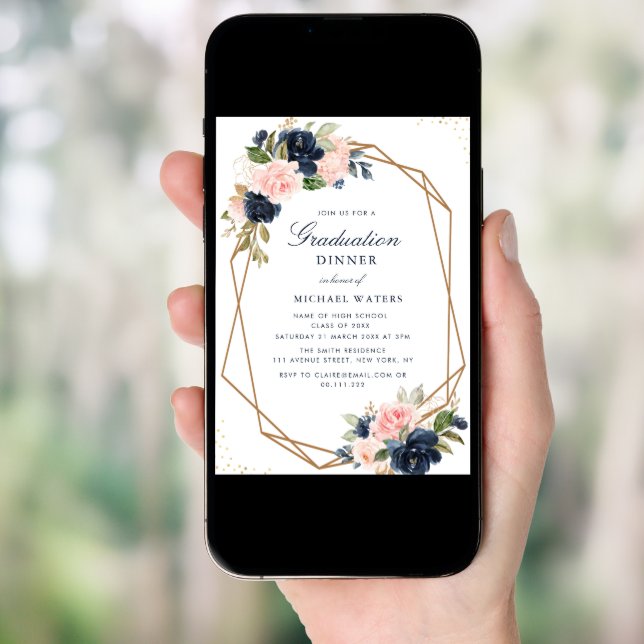 Navy & blush floral geometric graduation dinner invitation (Front Digital)